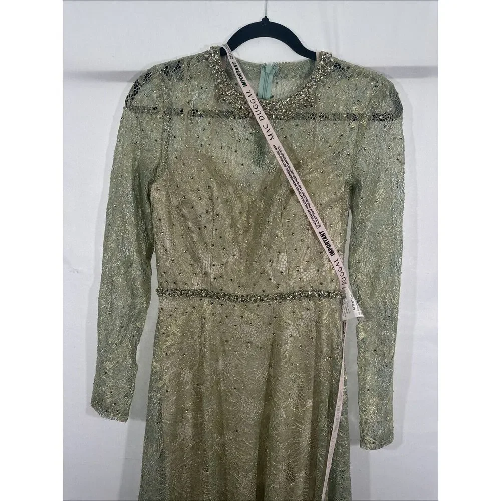 NWD Mac Duggal [ 2 ] 491881 Jeweled Long Sleeve Floral Lace Gown Sage Gold Q1023